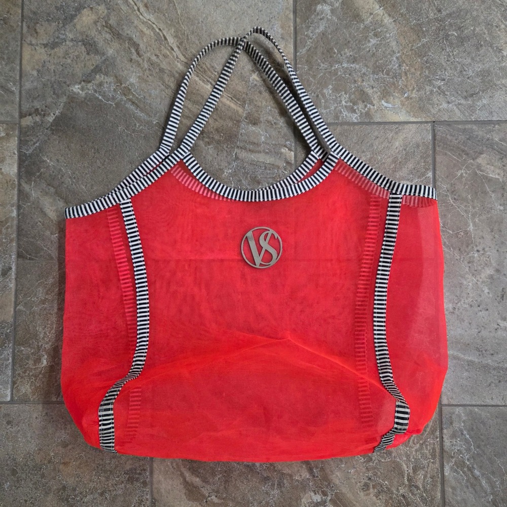 Victoria's Secret Hot Pink Red Mesh Tote Bag Beach Pool VS Logo Striped Handles